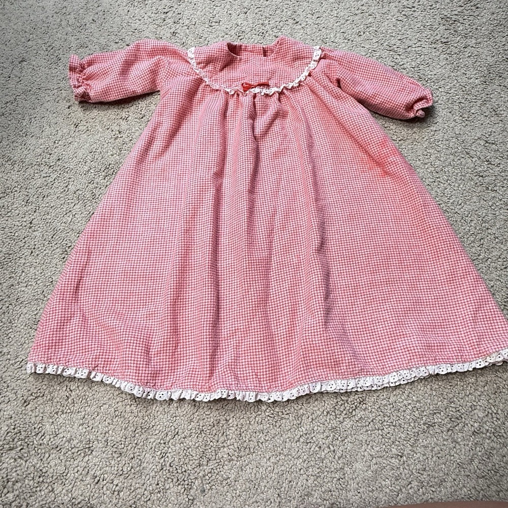 Primitive Baby Girls Red Gingham Christmas Nightgown Eyelet Lace 18-24M 1980s